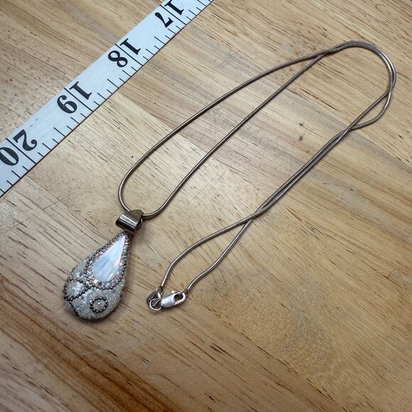 Sterling Silver Necklace With Teardrop Iridescent Pendant & Intricate Beaded - Picture 7 of 9